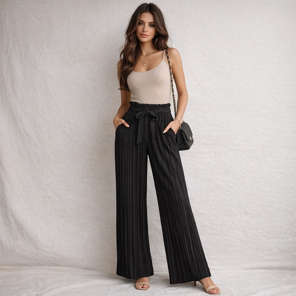 Bloom Seasons Black Pleated Wide Leg Pants Sz Medium Elastic Paperbag Waist Tie‎